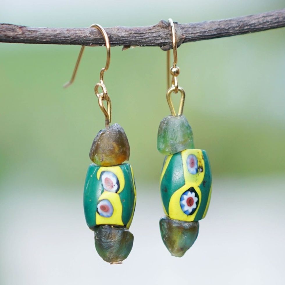 Green and Yellow Recycled Glass Beaded Dangle Earrings 'Green Looks'