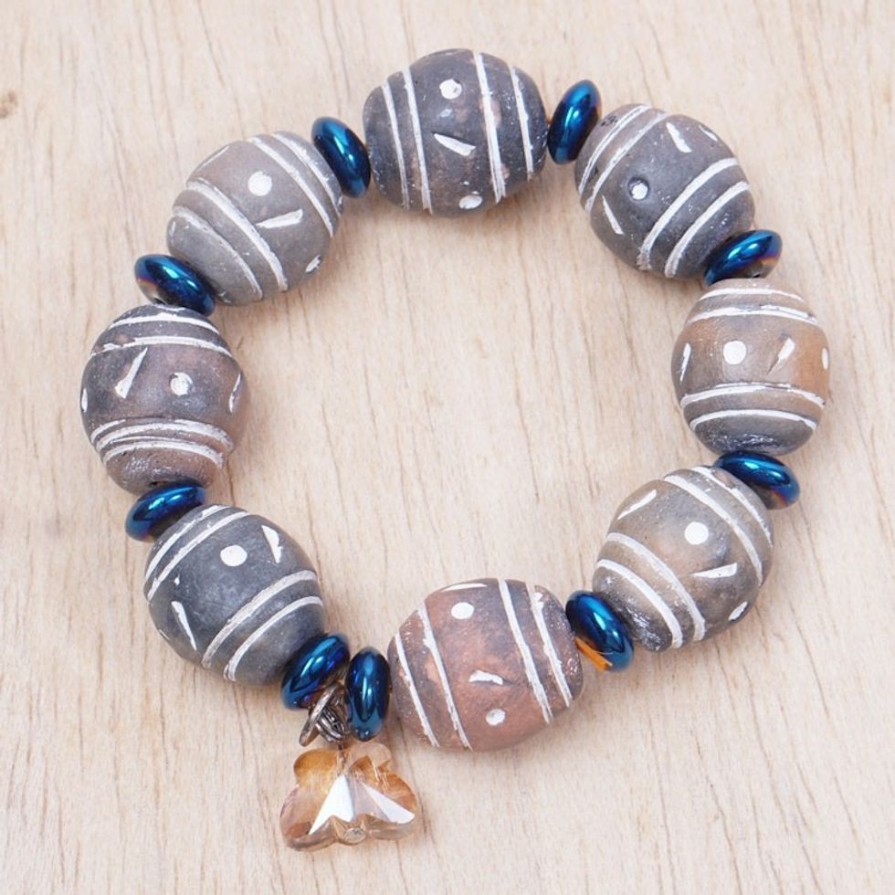 Ceramic Crystal Recycled Glass Beaded Stretch Charm Bracelet 'Butterfly Glam'