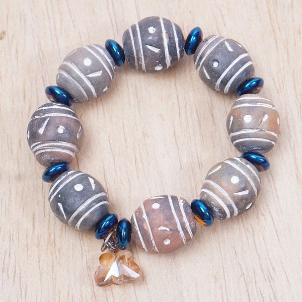 Alternate image for Ceramic Crystal Recycled Glass Beaded Stretch Charm Bracelet Butterfly Glam