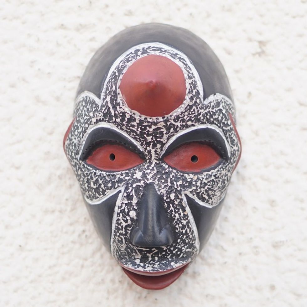 Handcrafted African Sese Wood Mask in Black and Red Hues 'Fauna Mask'