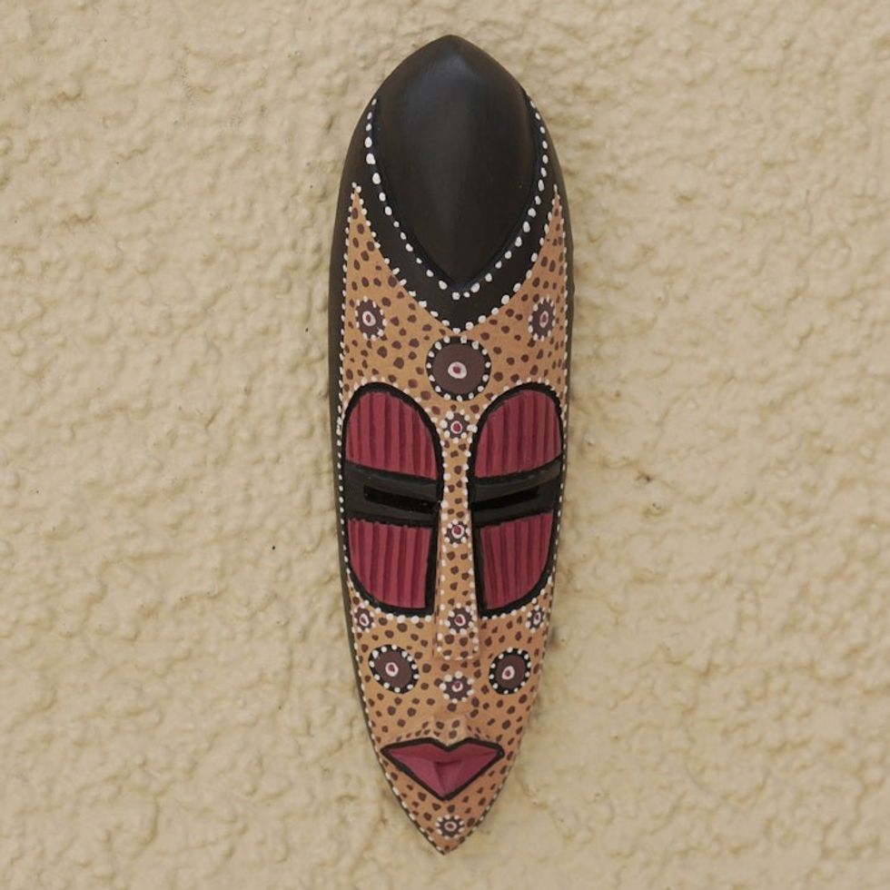 Handcrafted African Sese Wood Mask with Dot Pattern 'Ewe Dots'