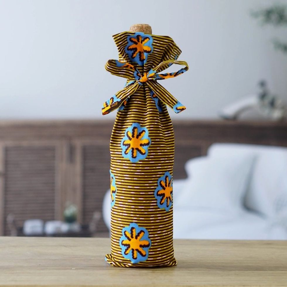 Colorful Handmade 100 Cotton Wine Bottle Cover from Ghana 'Cheerful Toast'