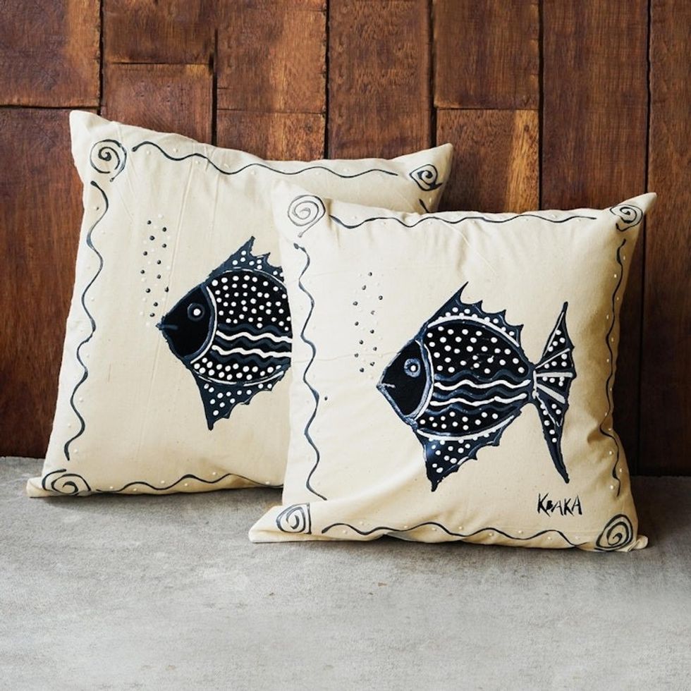 Fish-Themed Cotton Cushion Covers Pair 'Gurgling'