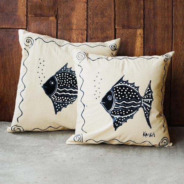 Alternate image for Fish-Themed Cotton Cushion Covers Pair Gurgling