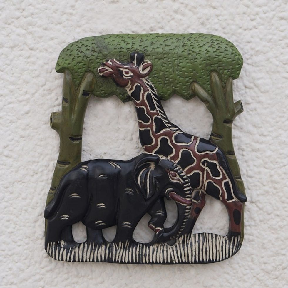 Hand-Carved Sese Wood Wall Art Featuring Wildlife from Ghana 'Natural Unity'