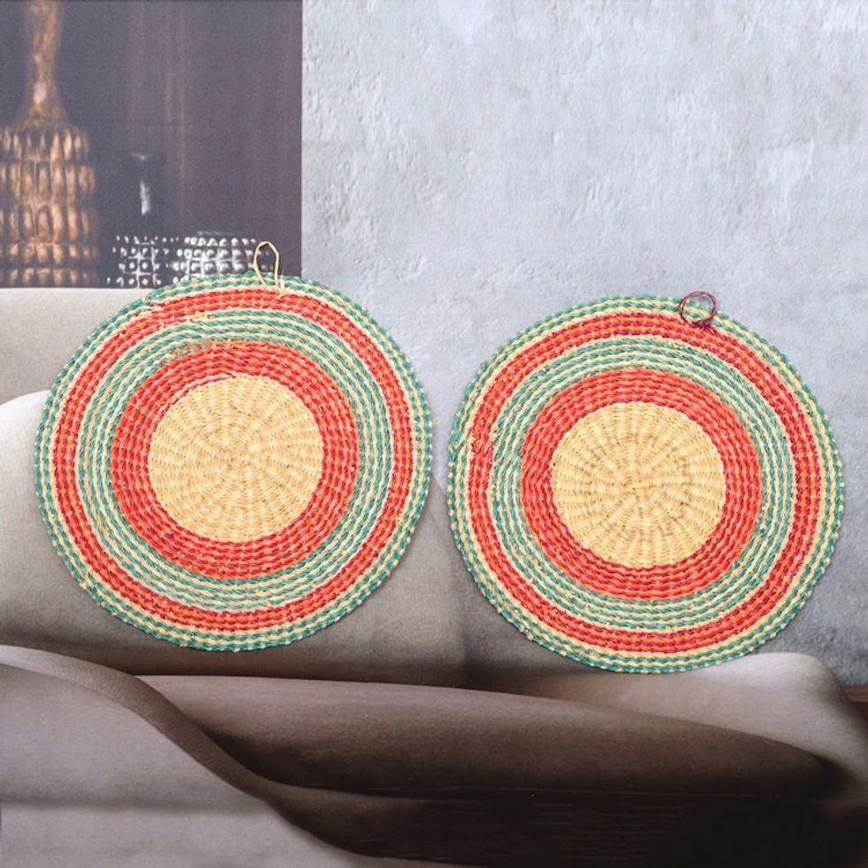 Pair of Round Turquoise and Fuchsia Raffia Wall Accents 'Ghanaian Suns'