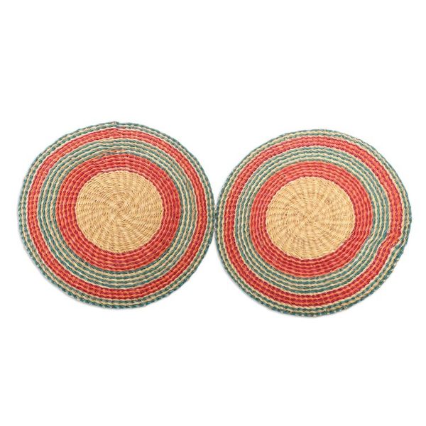 Alternate image for Pair of Round Turquoise and Fuchsia Raffia Wall Accents Ghanaian Suns
