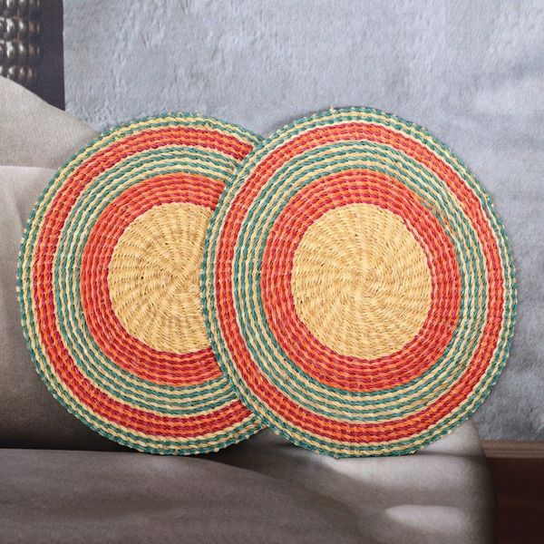 Alternate image for Pair of Round Turquoise and Fuchsia Raffia Wall Accents Ghanaian Suns