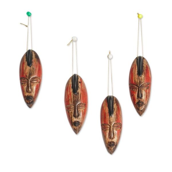 Alternate image for Set of 4 Handcrafted Black and Red Sese Wood Ornaments Intense Facets