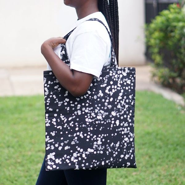 Alternate image for Black and White Batik Cotton Tote Bag with Splatter Pattern Graceful Alua