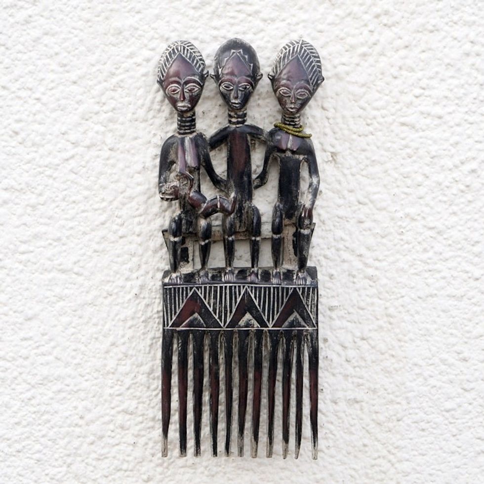 Hand Carved Sese Wood Comb-Shaped Wall Accent from Ghana 'Triumvirate Comb'