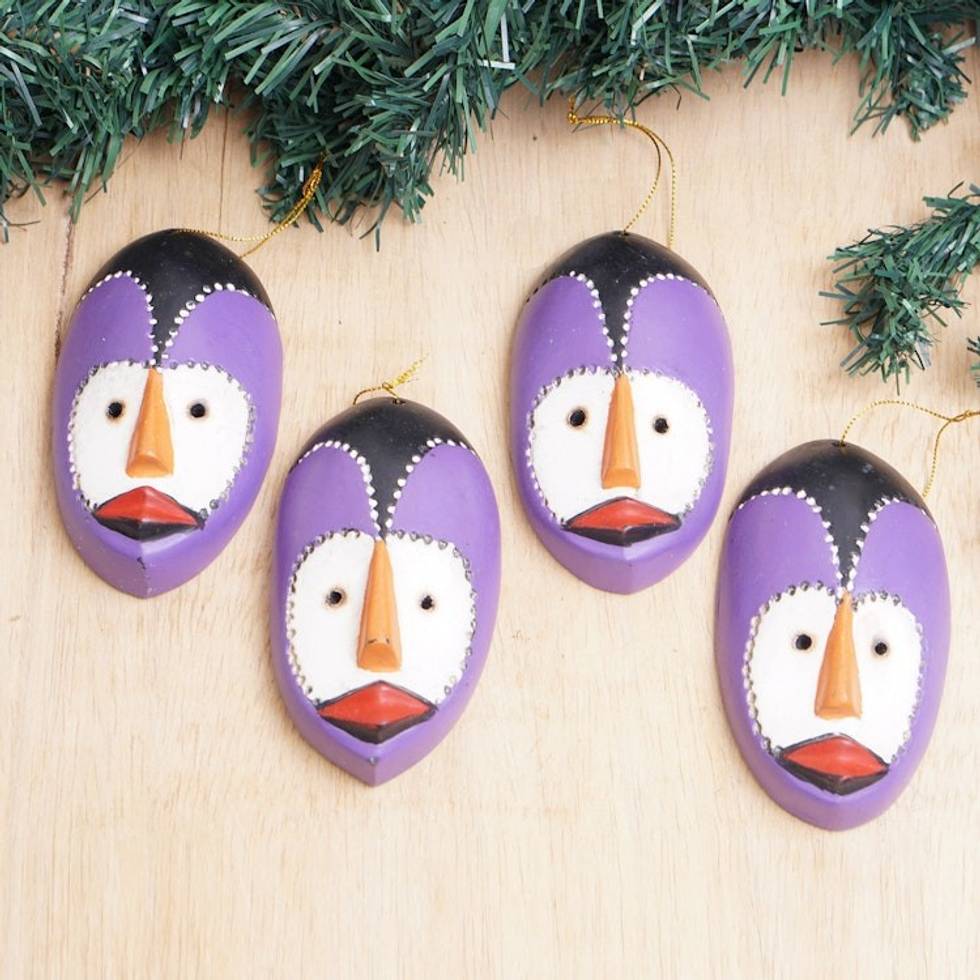 Set of 4 Handcrafted Purple Dan Mask Sese Wood Ornaments 'Dan Essence'
