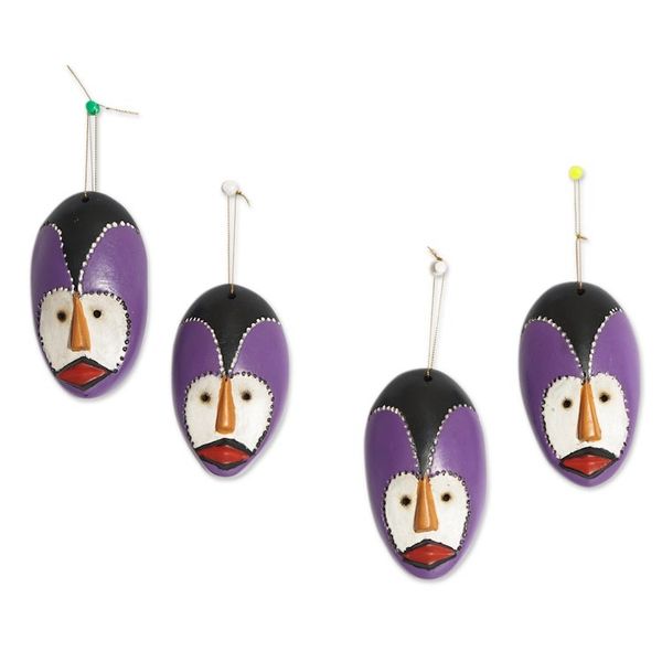 Alternate image for Set of 4 Handcrafted Purple Dan Mask Sese Wood Ornaments Dan Essence