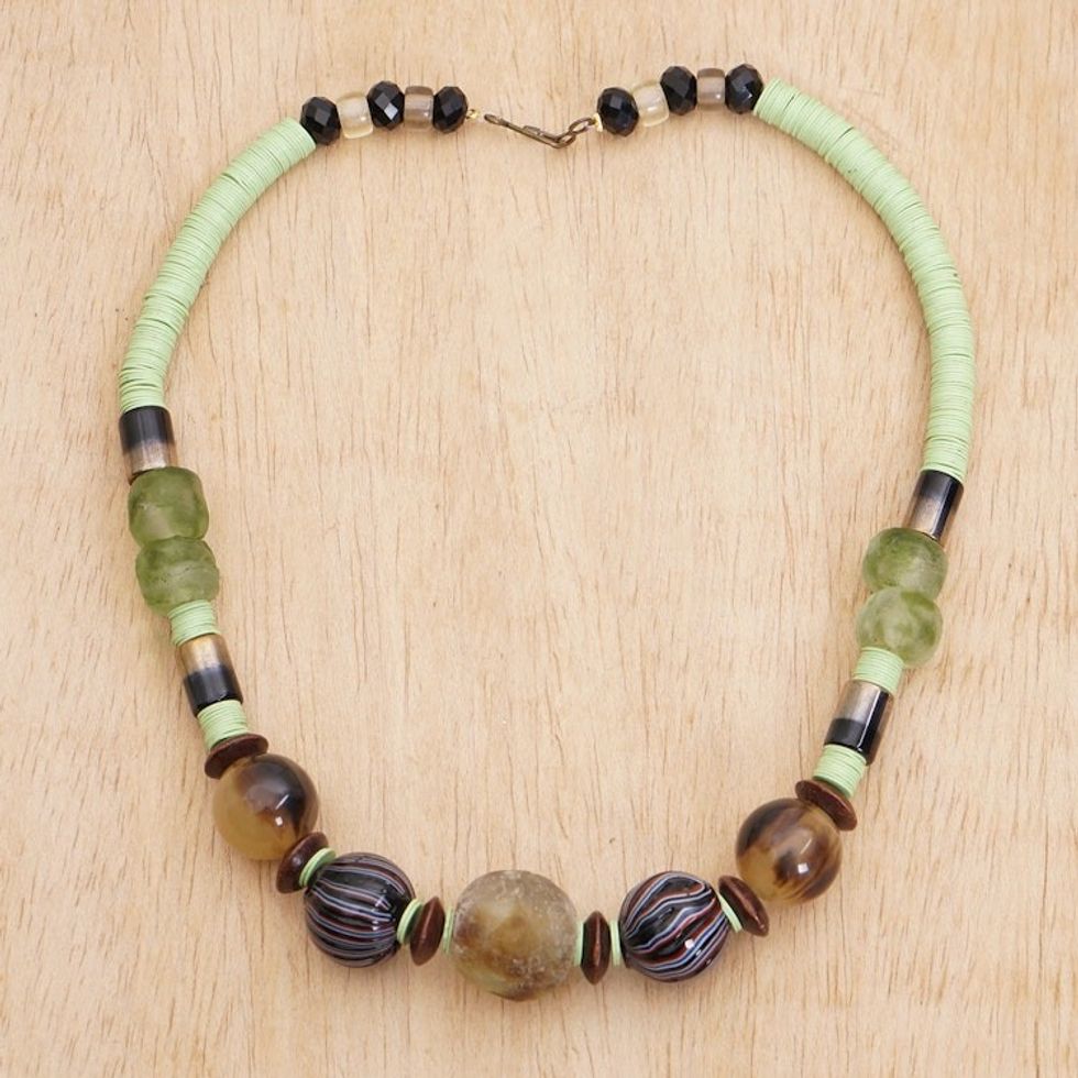 Eco-Friendly Recycled Glass and Wood Beaded Necklace 'Omanye in Green'