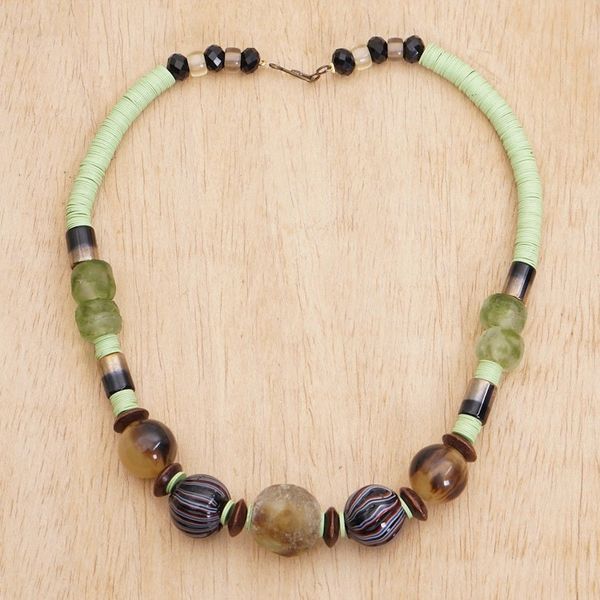 Alternate image for Eco-Friendly Recycled Glass and Wood Beaded Necklace Omanye in Green