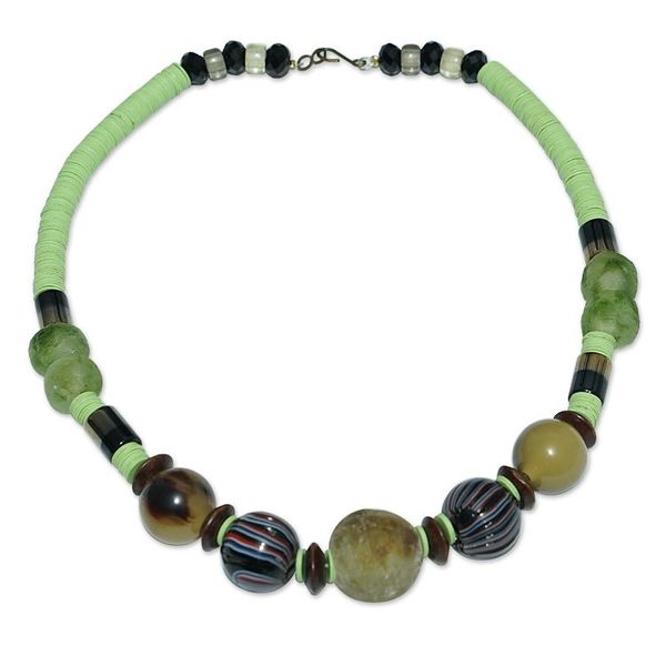 Alternate image for Eco-Friendly Recycled Glass and Wood Beaded Necklace Omanye in Green