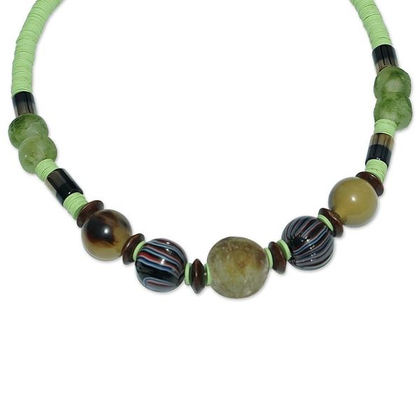 Alternate image for Eco-Friendly Recycled Glass and Wood Beaded Necklace Omanye in Green