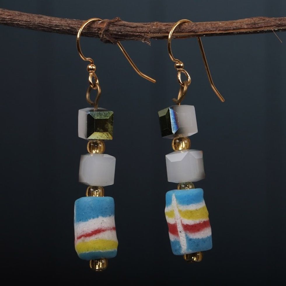 Eco-Friendly Pastel Recycled Glass Beaded Dangle Earrings 'Blue Gyidi'