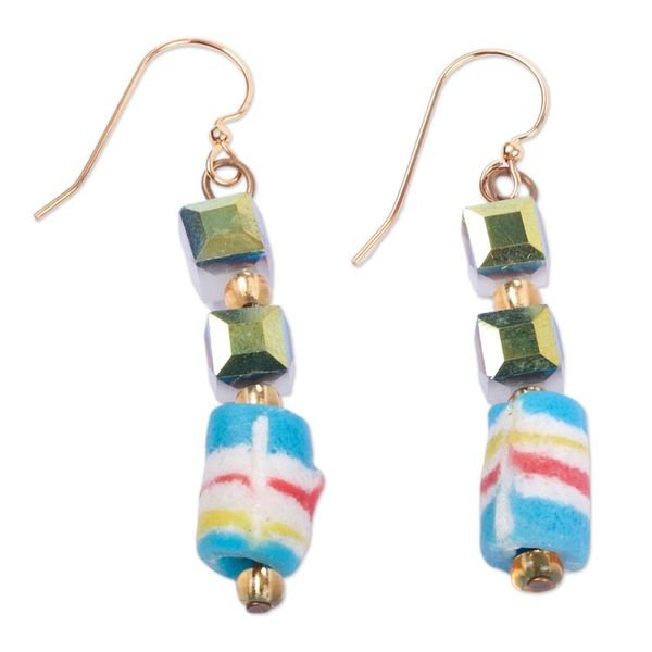 Alternate image for Eco-Friendly Pastel Recycled Glass Beaded Dangle Earrings Blue Gyidi