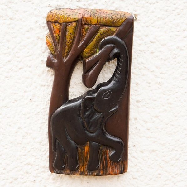 Alternate image for Hand-Carved Elephant-Themed Sese Wood Wall Art Aboa Kese