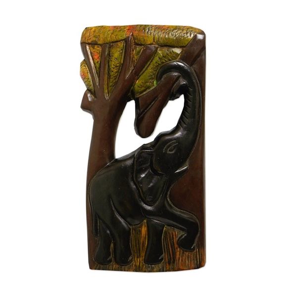 Alternate image for Hand-Carved Elephant-Themed Sese Wood Wall Art Aboa Kese