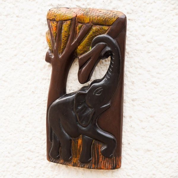 Alternate image for Hand-Carved Elephant-Themed Sese Wood Wall Art Aboa Kese