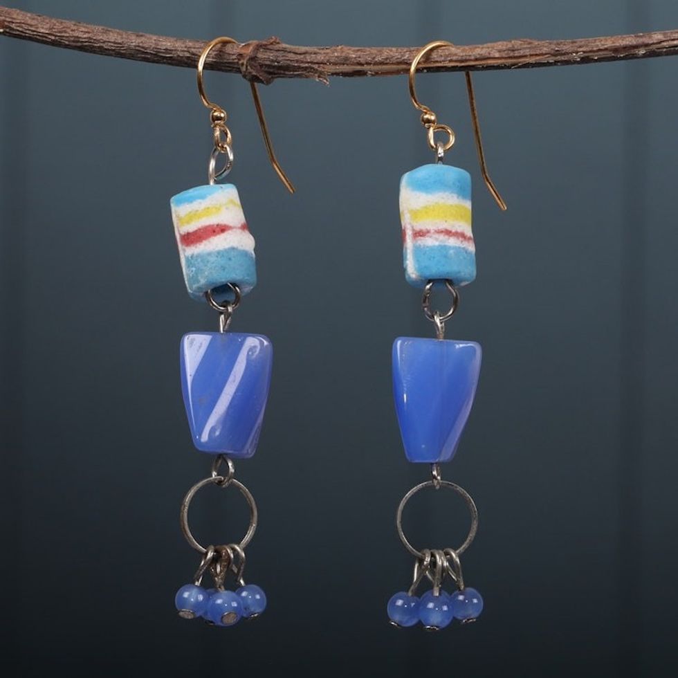Eco-Friendly Blue Recycled Glass Beaded Dangle Earrings 'Divine Blue Gyidi'
