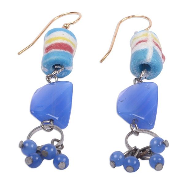 Alternate image for Eco-Friendly Blue Recycled Glass Beaded Dangle Earrings Divine Blue Gyidi