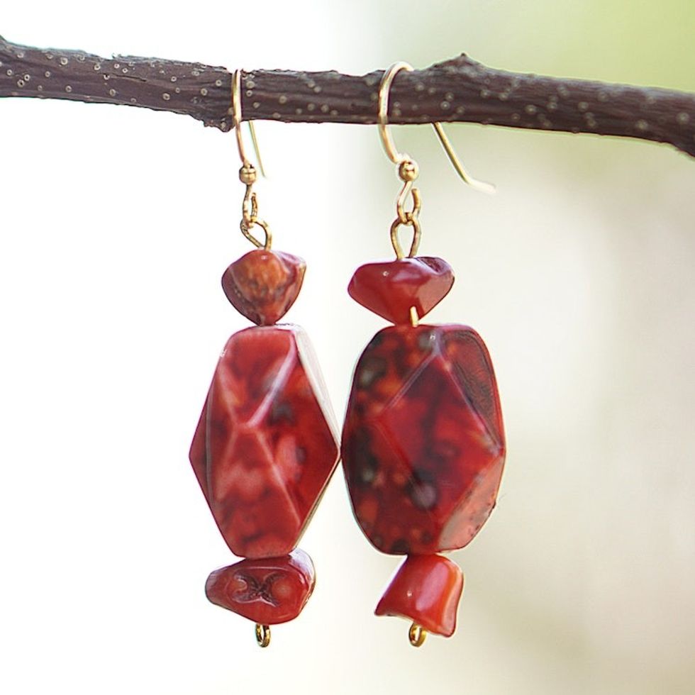Red-Toned Recycled Glass Beaded Dangle Earrings from Ghana 'Odopa Ye'