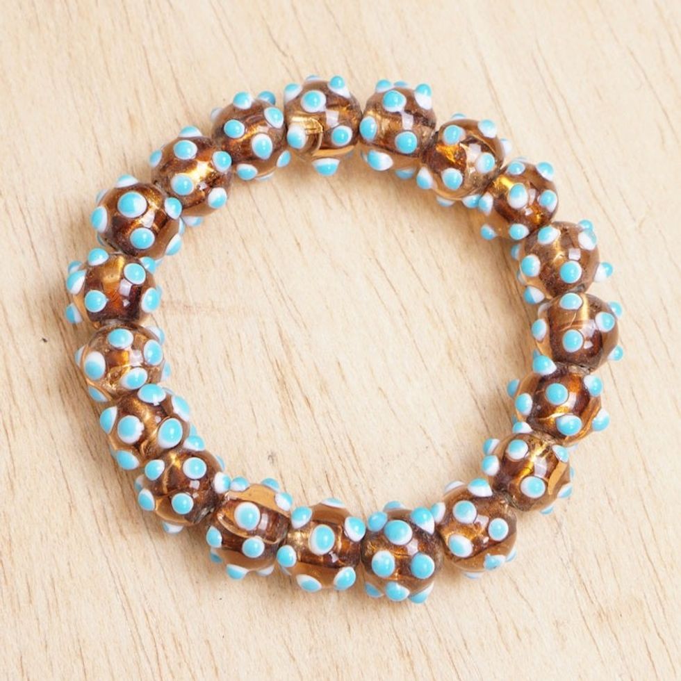 Turquoise and Brown Recycled Glass Beaded Stretch Bracelet 'Cool Lights'