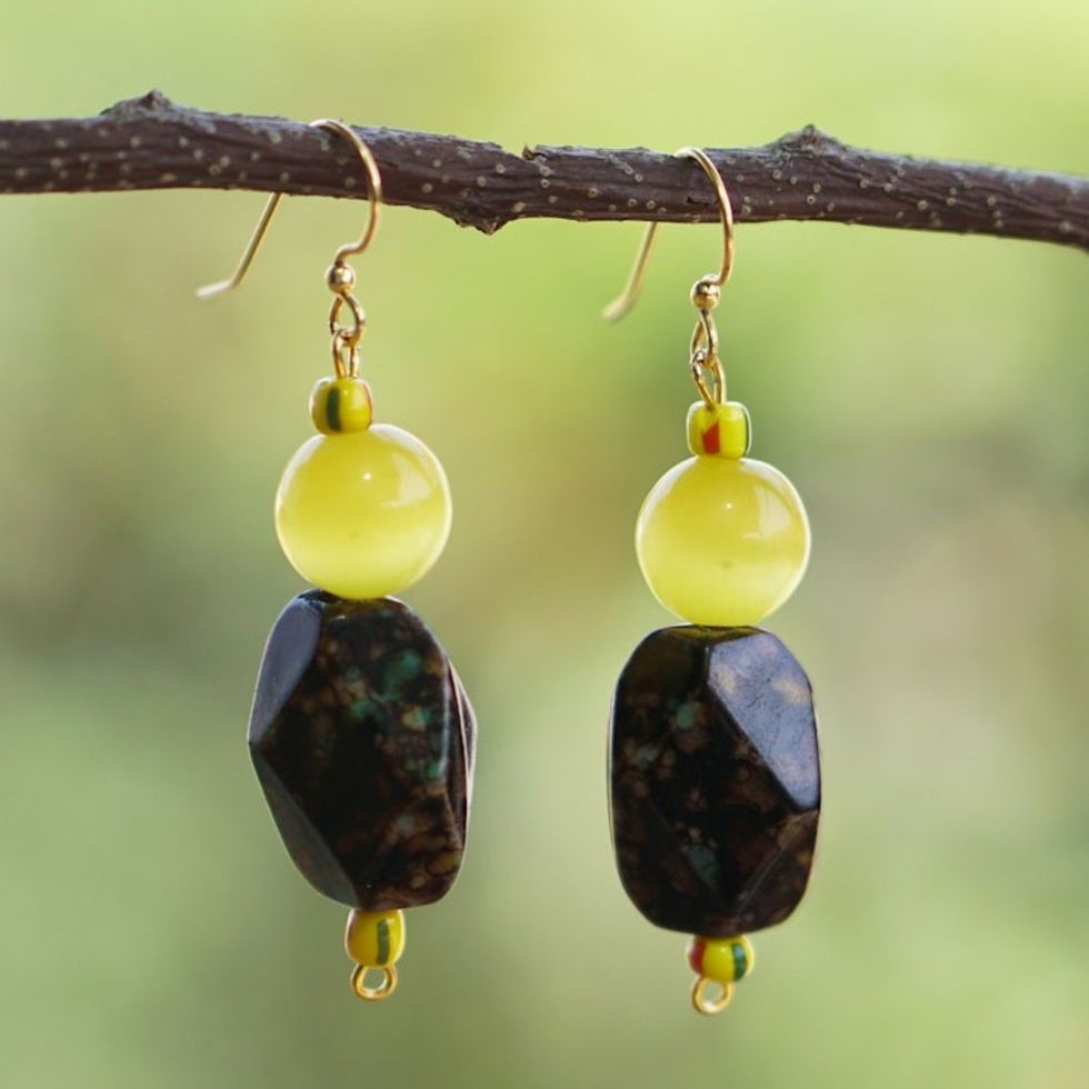 Cat's Eye Dangle Earrings with Recycled Glass Beads 'Imperial Yellow'