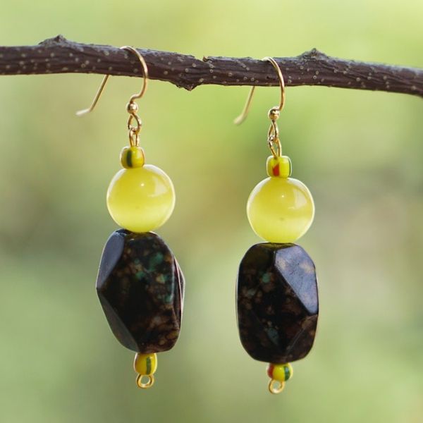 Alternate image for Cats Eye Dangle Earrings with Recycled Glass Beads Imperial Yellow