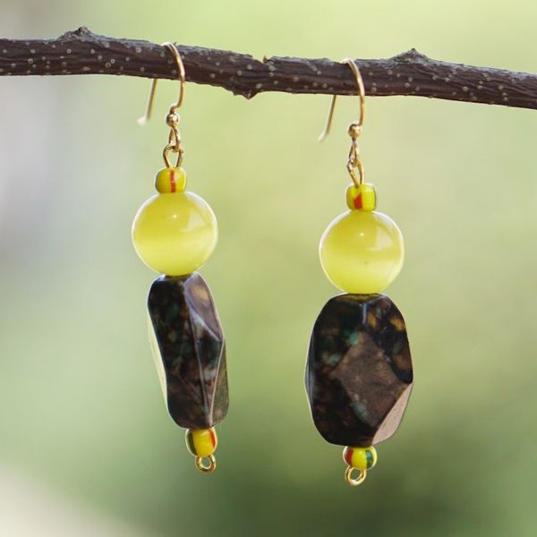 Alternate image for Cats Eye Dangle Earrings with Recycled Glass Beads Imperial Yellow