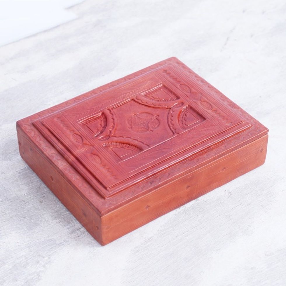 Ghanaian Handmade Brown Leather and Sese Wood Jewelry Box 'Regal Creation'
