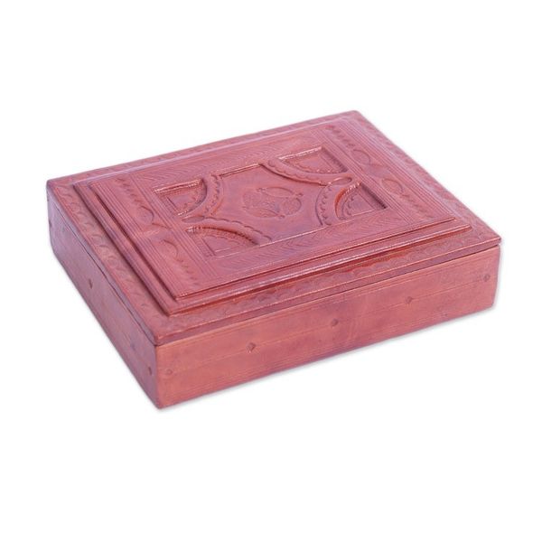 Alternate image for Ghanaian Handmade Brown Leather and Sese Wood Jewelry Box Regal Creation