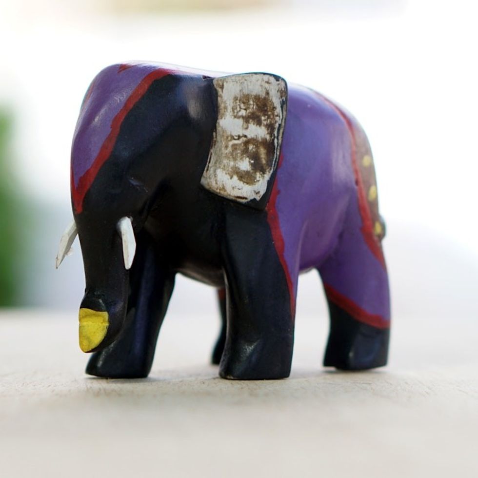 Hand-Painted Iris and Black Elephant Sese Wood Figurine 'Culture Elephant II'