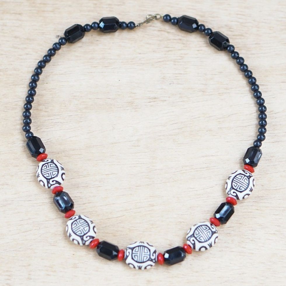 Handcrafted Black and Red Recycled Plastic Beaded Necklace 'Ancient Passion'