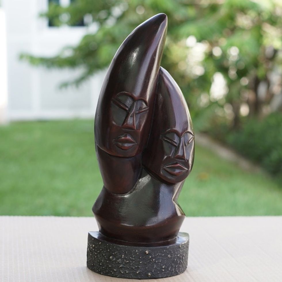Handcrafted Traditional Sese Wood and Ceramic Sculpture 'Ancient Lovers'