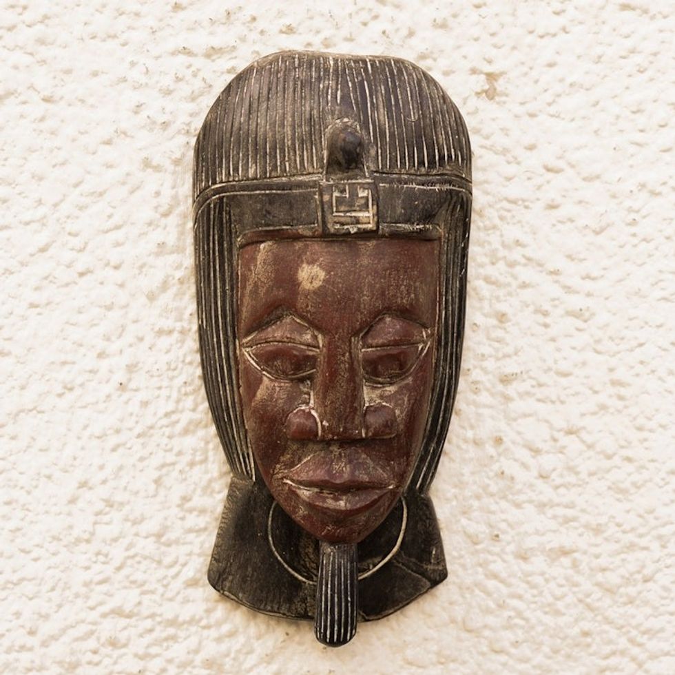 Traditional African Sese Wood Mask in Brown and Black Hues 'King Head'