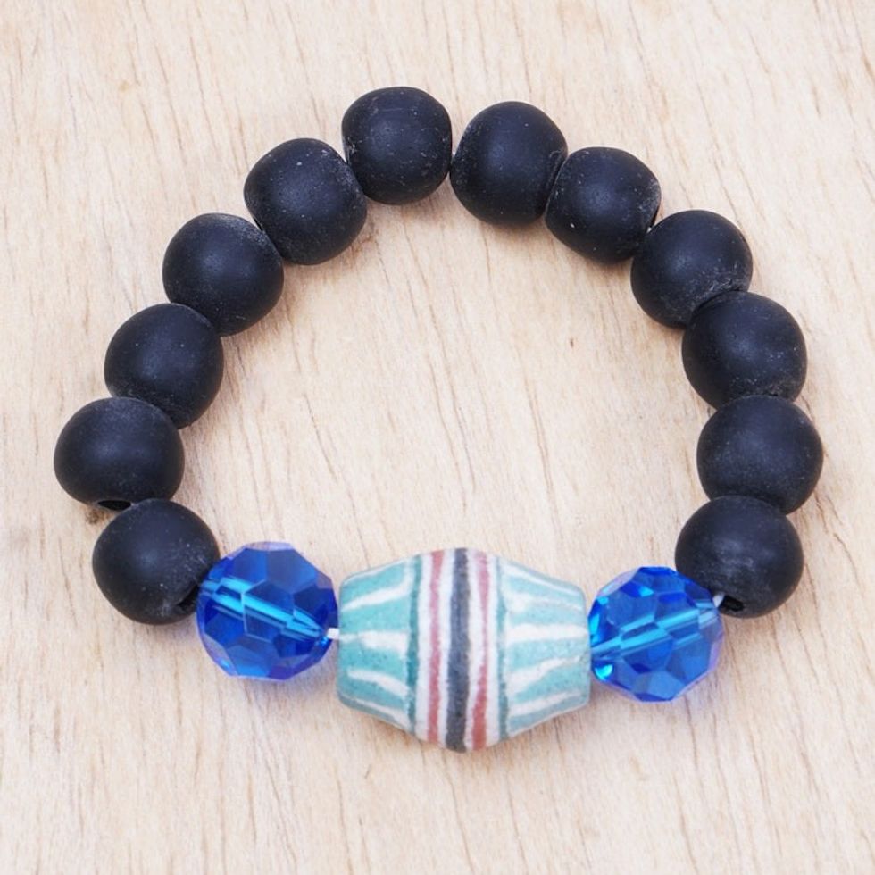 Blue and Black Recycled Glass Beaded Stretch Bracelet 'Electric Soul'