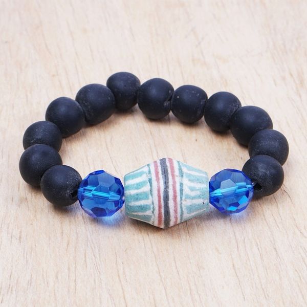 Alternate image for Blue and Black Recycled Glass Beaded Stretch Bracelet Electric Soul
