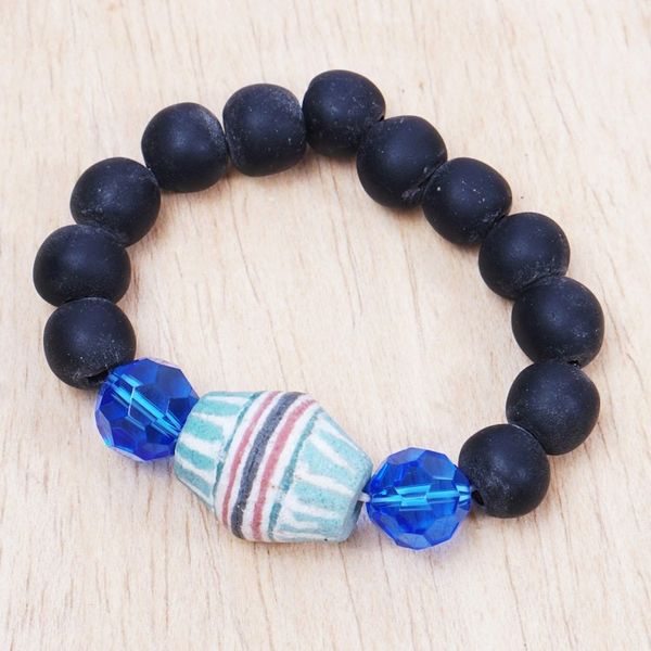 Alternate image for Blue and Black Recycled Glass Beaded Stretch Bracelet Electric Soul
