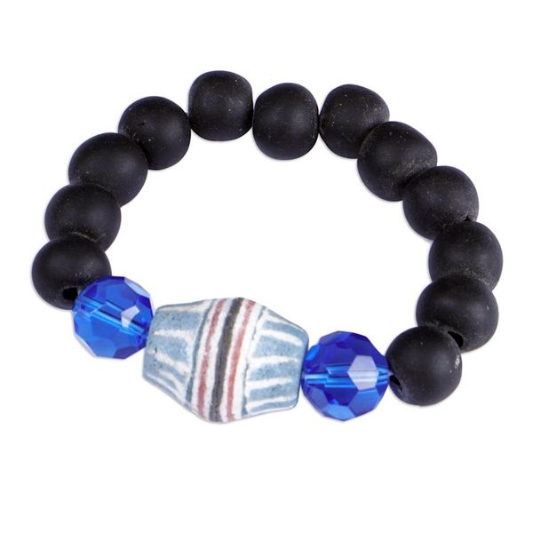 Alternate image for Blue and Black Recycled Glass Beaded Stretch Bracelet Electric Soul