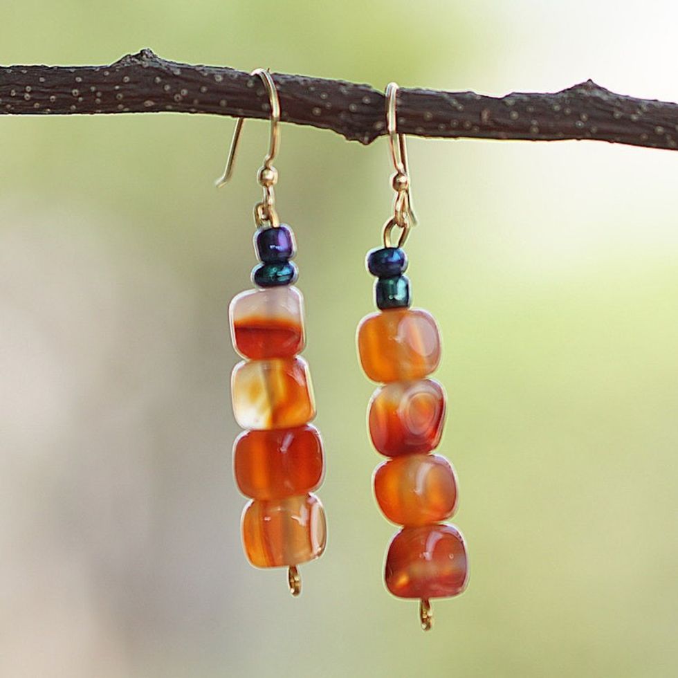Recycled Glass Beaded Dangle Earrings in Warm and Dark Hues 'Unique Sunset'