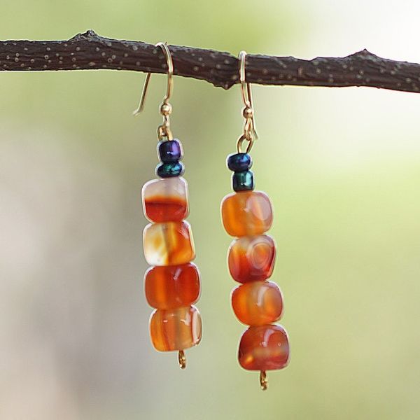 Alternate image for Recycled Glass Beaded Dangle Earrings in Warm and Dark Hues Unique Sunset