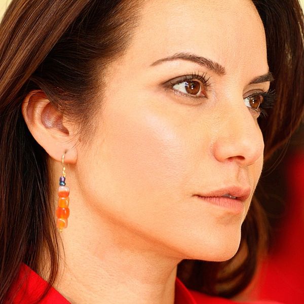 Alternate image for Recycled Glass Beaded Dangle Earrings in Warm and Dark Hues Unique Sunset