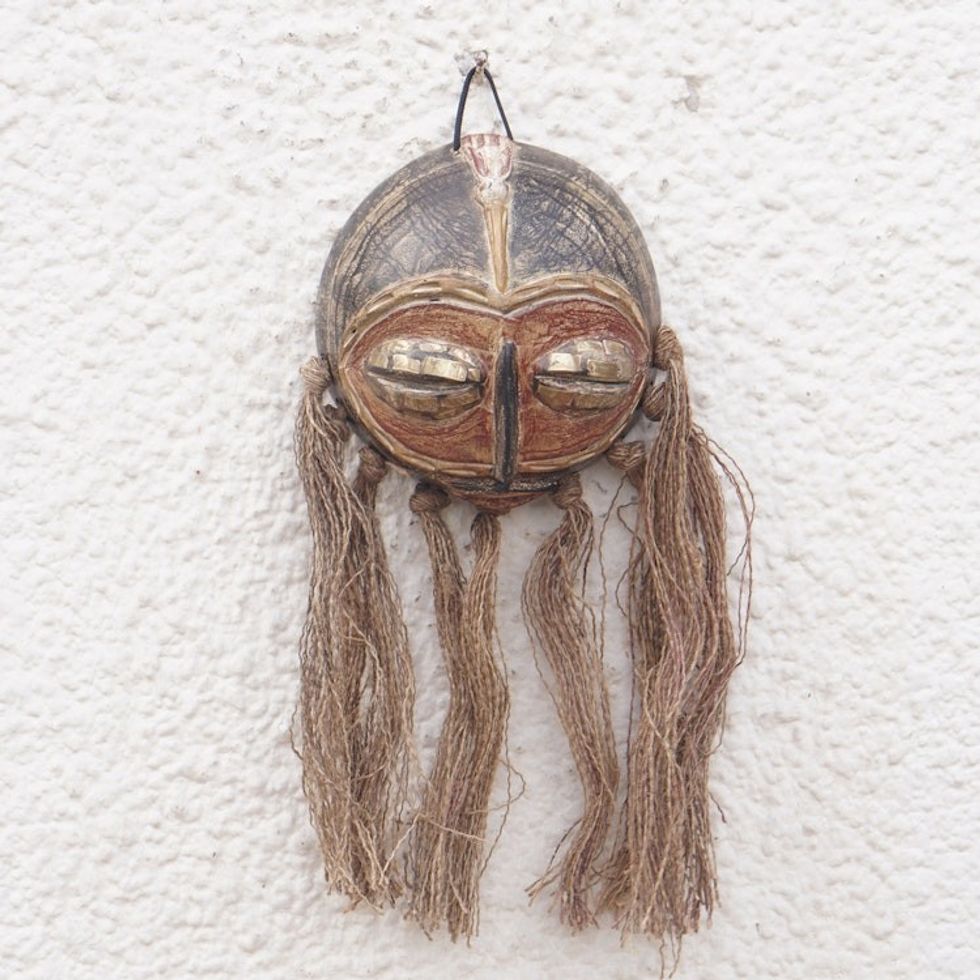 Traditional African Calabash Mask with Raffia Accents 'Ghana's Soul'