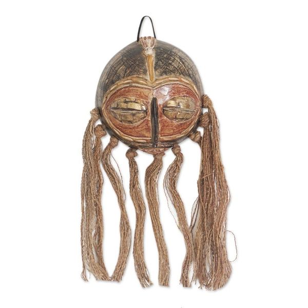 Alternate image for Traditional African Calabash Mask with Raffia Accents Ghanas Soul