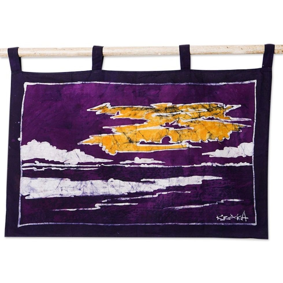 Handcrafted Sunset Cotton Wall Hanging in Purple Hues 'Sunset Beach I'