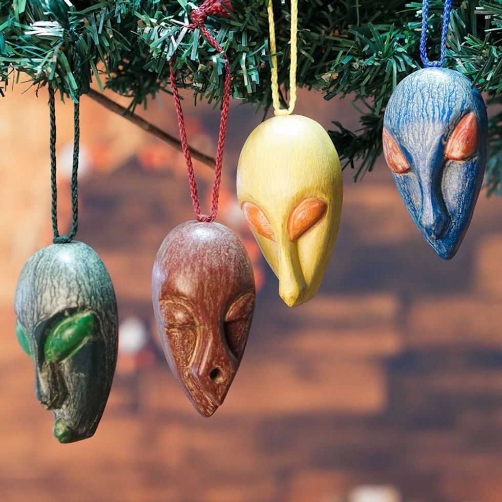 Set of 4 African Mask Ornaments Handcrafted from Ofram Wood 'Asomdwe Nsem'